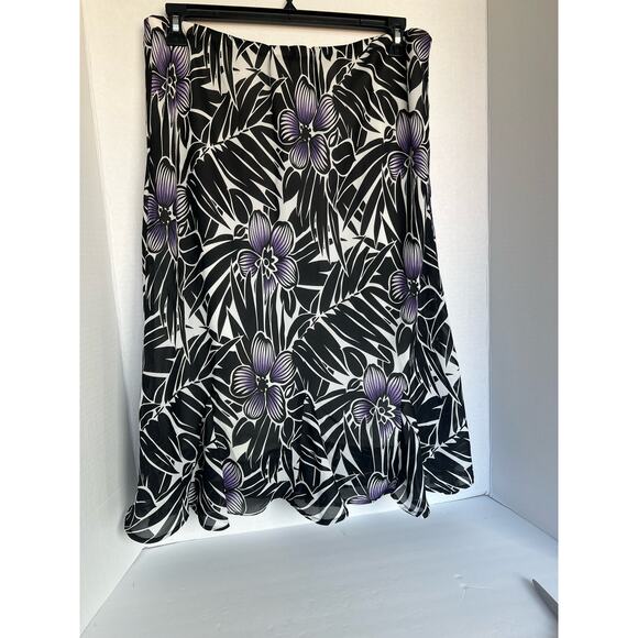 Laura Scott Woman Chiffon Purple Floral Black White Ruffle Edge Skirt Sz 16W - Picture 2 of 5